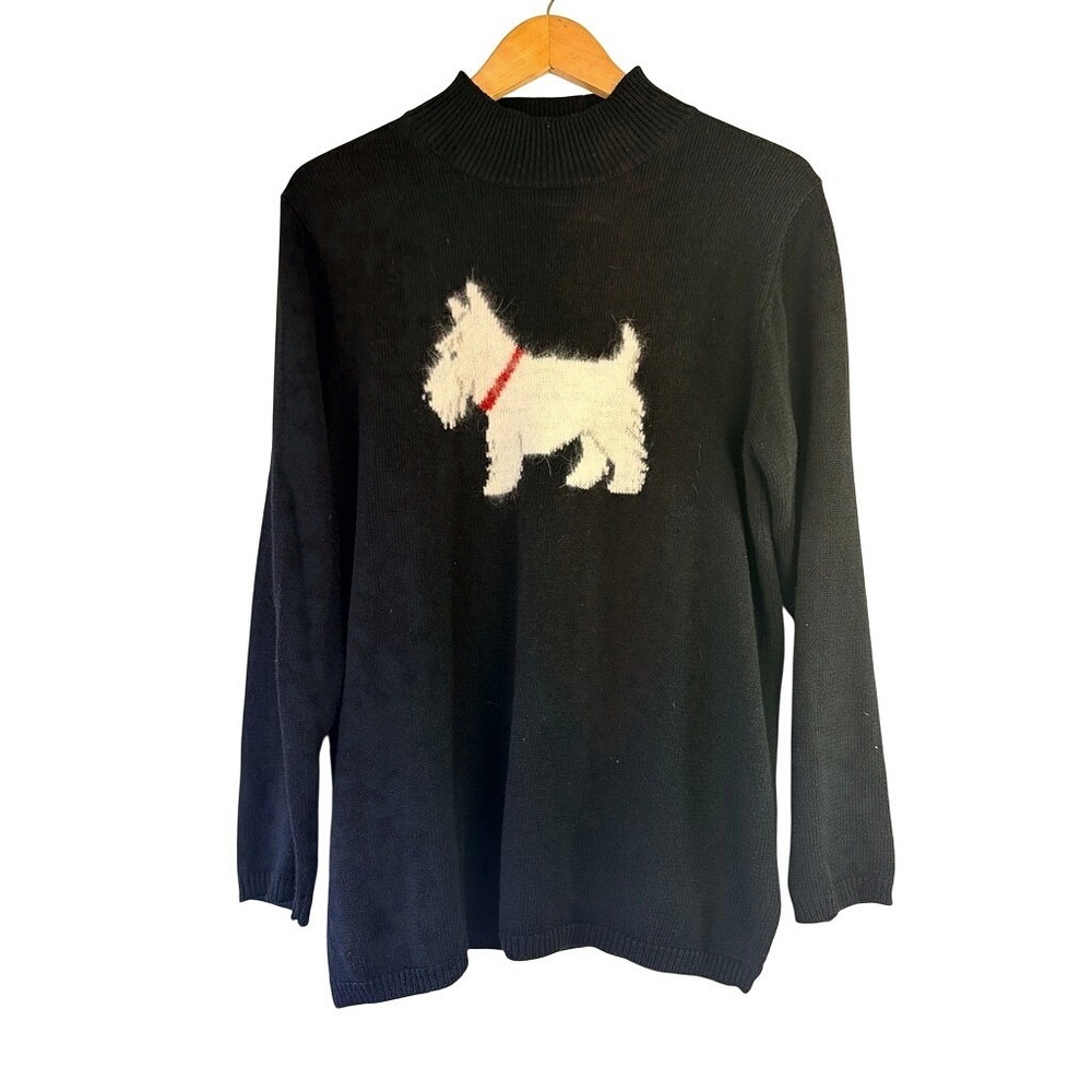 Vtg COLDWATER CREEK Scottie Dog Sweater Black Angora Blend Mock Neck M Preppy
